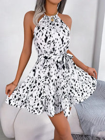 Vestido Curto Feminino Estampa Animal Print Halter Babados Praia