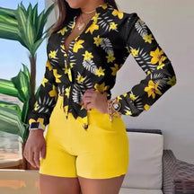 Conjunto Feminino Shorts e Blusa Manga Longa Decote V [v:1825ehd]
