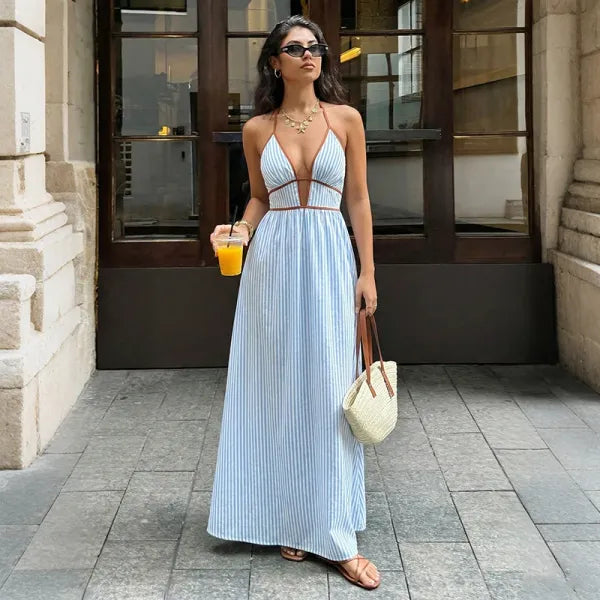 Vestido Longo de Praia Listrado Decote V Sem Costas Verão 2026