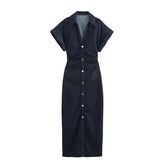 Vestido Jeans Midi Feminino com Lapela e Zíper Lateral [v:nfwb6k]