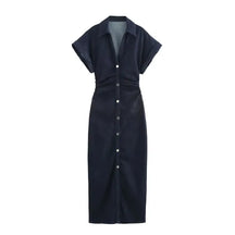 Vestido Jeans Midi Feminino com Lapela e Zíper Lateral [v:nfwb6k]