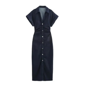 Vestido Jeans Midi Feminino com Lapela e Zíper Lateral [v:nfwb6k]