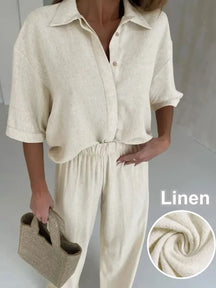 Conjunto Feminino Linho Camisa Meia Manga e Calça Longa Casual