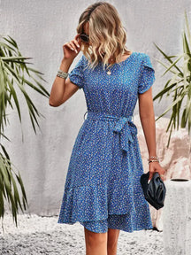 Vestido Floral Feminino Plissado Cintura Alta Look Casual Elegante