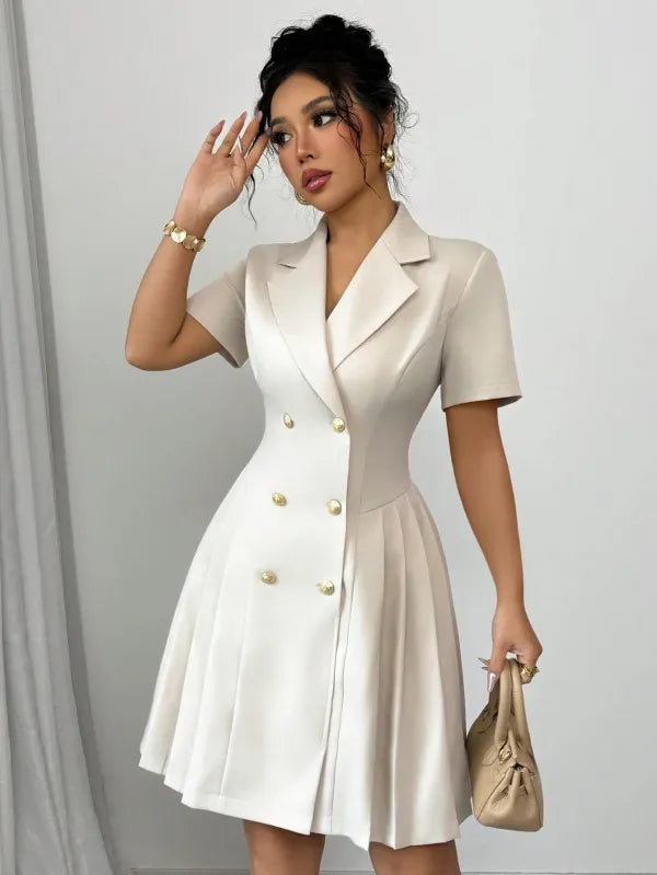 Vestido Midi Feminino Alfaiataria Lapela Abotoamento Duplo Manga Curta