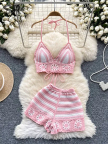 Conjunto Feminino Cropped Renda + Shorts Elástico 2 Peças Moda Praia