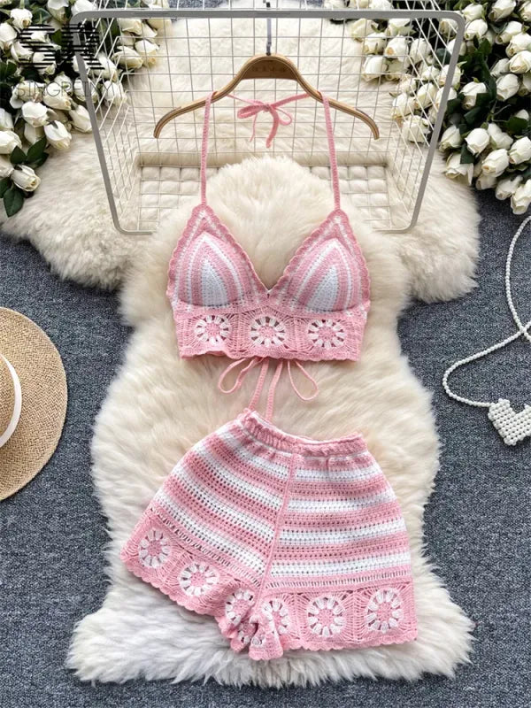 Conjunto Feminino Cropped Renda + Shorts Elástico 2 Peças Moda Praia