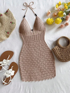 Vestido de Crochê Branco Halter Neck Feminino Sem Mangas