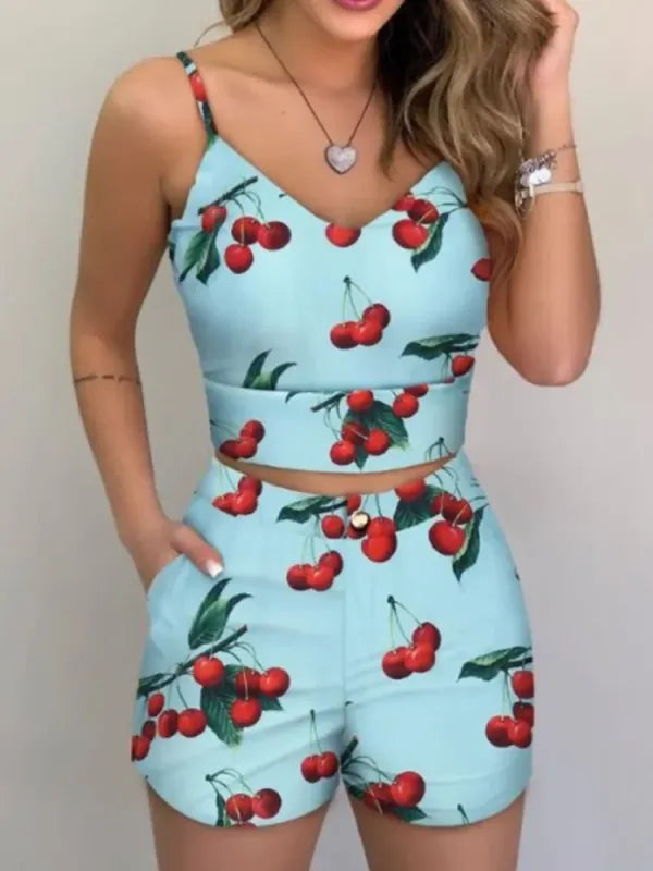 Conjunto Cropped + Short Estampado Feminino — Verão [v:124esws]