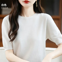 Blusa Feminina 100% Lã Pura Manga Curta Gola Redonda Solta