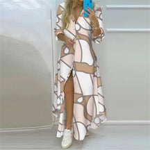 Vestido Longo Boho Estampado Manga Longa com Fenda [v:18kbpis]