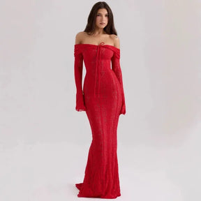 Vestido Longo Ombro a Ombro Renda Festa Elegante 2025 [v:34pnmi]