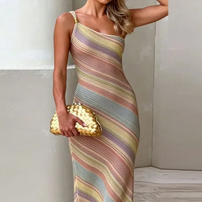Vestido Longo Um Ombro Estampado Moda Praia Feminina Verão 2026