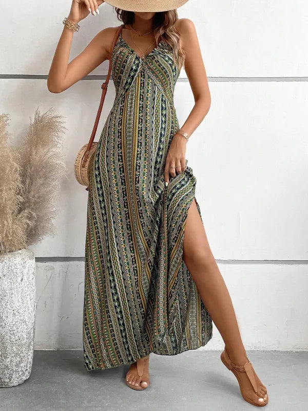 Vestido Longo Feminino Boho Estampa Étnica Costas Nuas Praia