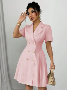 Vestido Midi Feminino Alfaiataria Lapela Abotoamento Duplo Manga Curta