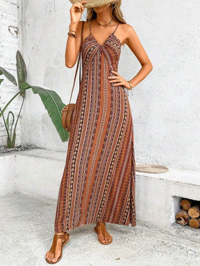 Vestido Longo Feminino Boho Estampa Étnica Costas Nuas Praia