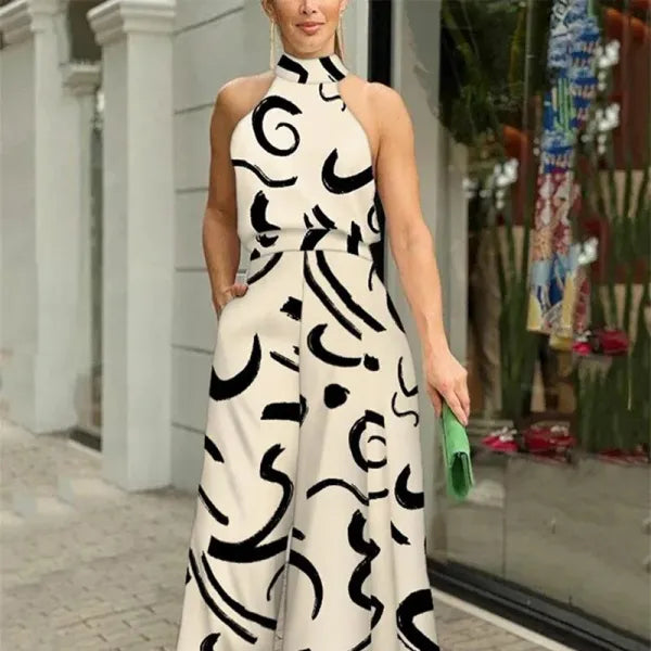 Macacão Feminino Perna Larga Sem Manga Estampa Abstrata Elegante