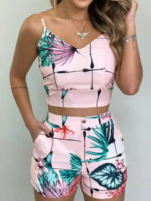 Conjunto Cropped + Short Estampado Feminino — Verão [v:13f0f1a]
