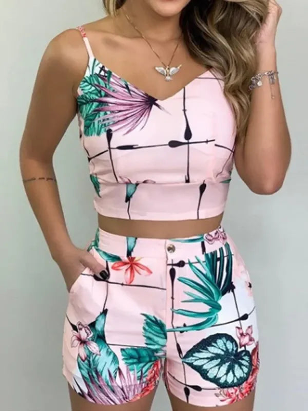Conjunto Cropped + Short Estampado Feminino — Verão [v:13f0f1a]