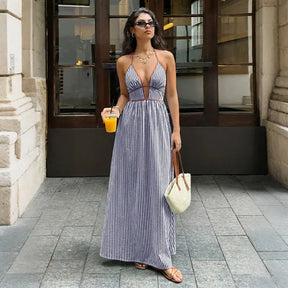 Vestido Longo de Praia Listrado Decote V Sem Costas Verão 2026